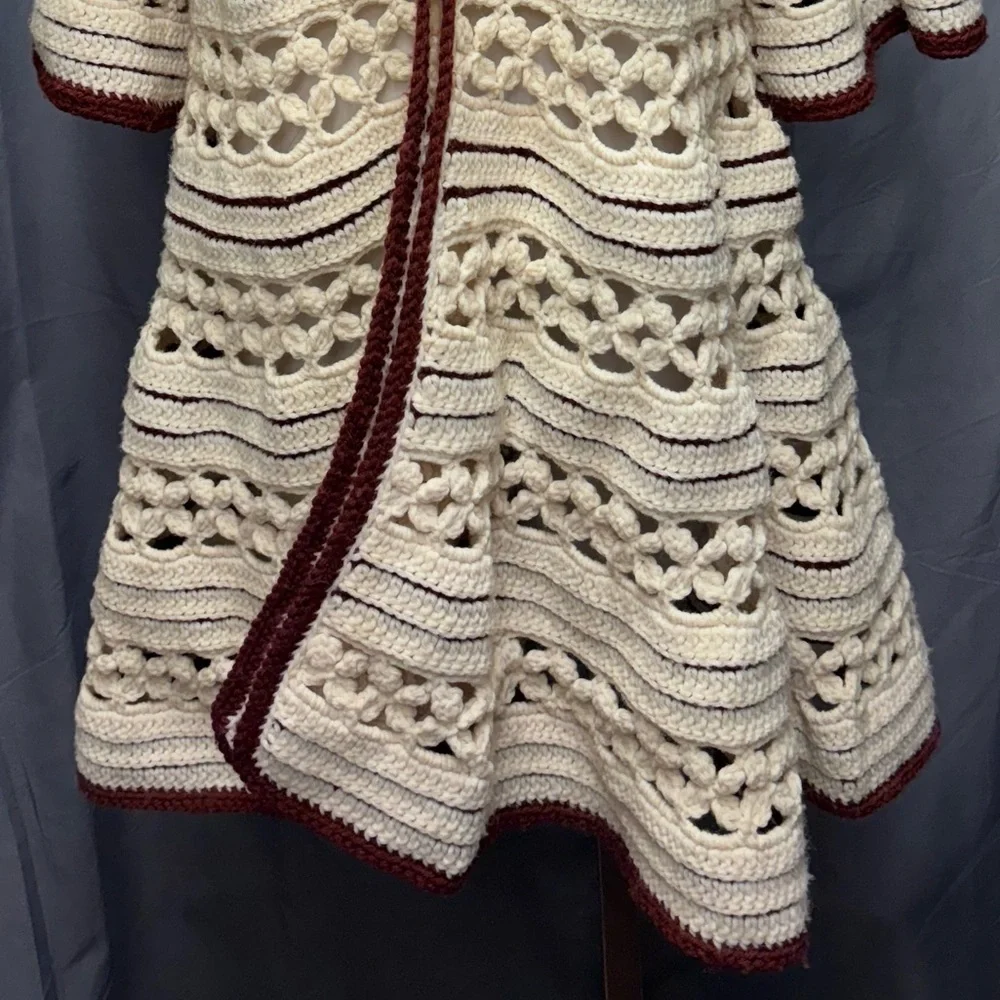 Vintage 60s One of a Kind Hand Crocheted Ivory with Brown Trim Sweater Jacket - Picture 4 of 9